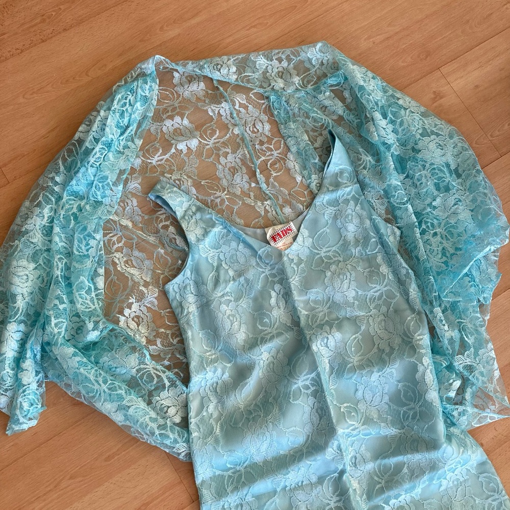 Aqua Blue vintage Lace tank slip dress with lace cover